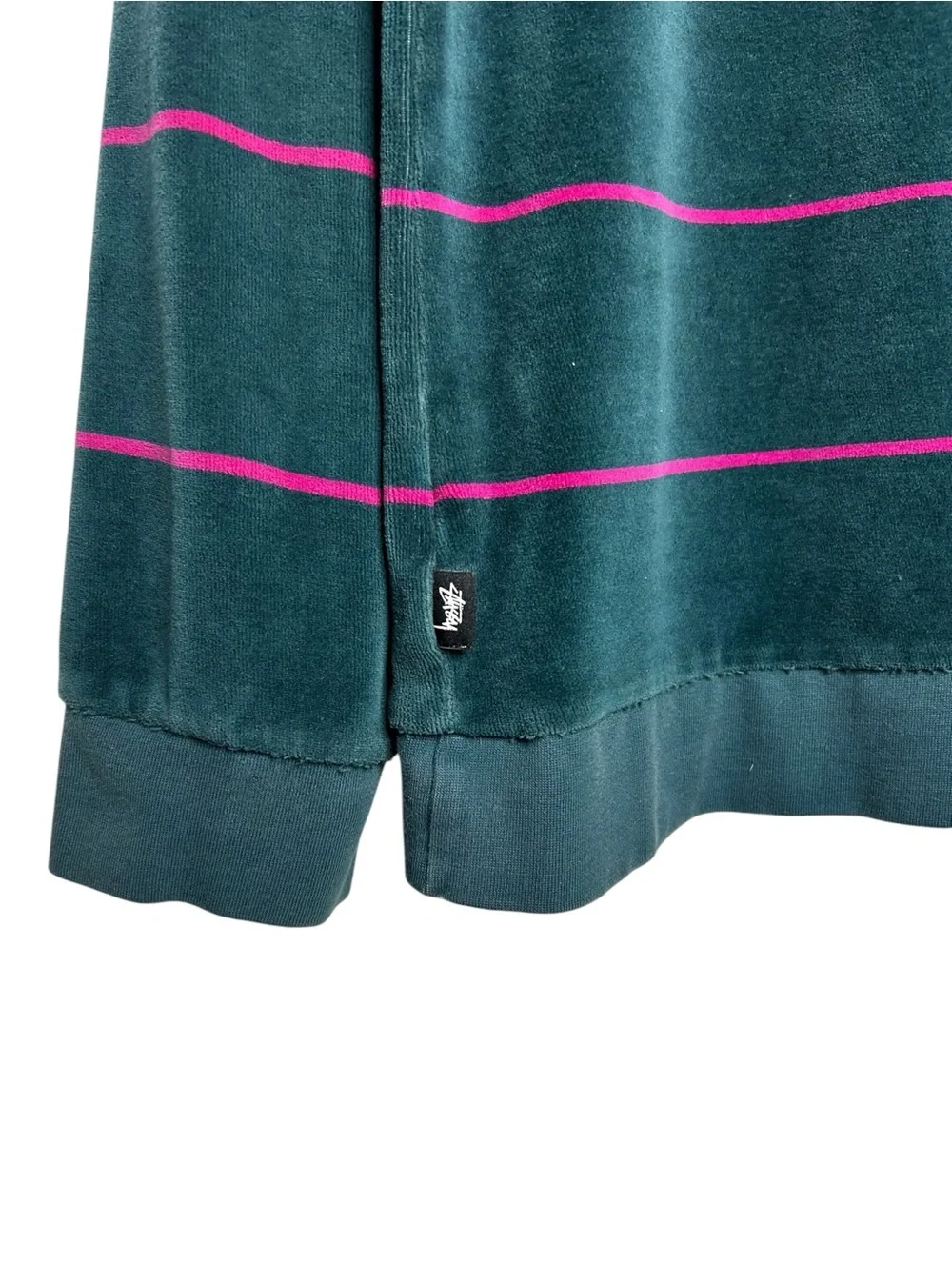 Stussy Stripe Velour Long Sleeve Crewneck Sweatshirt Teal Pink Mens M